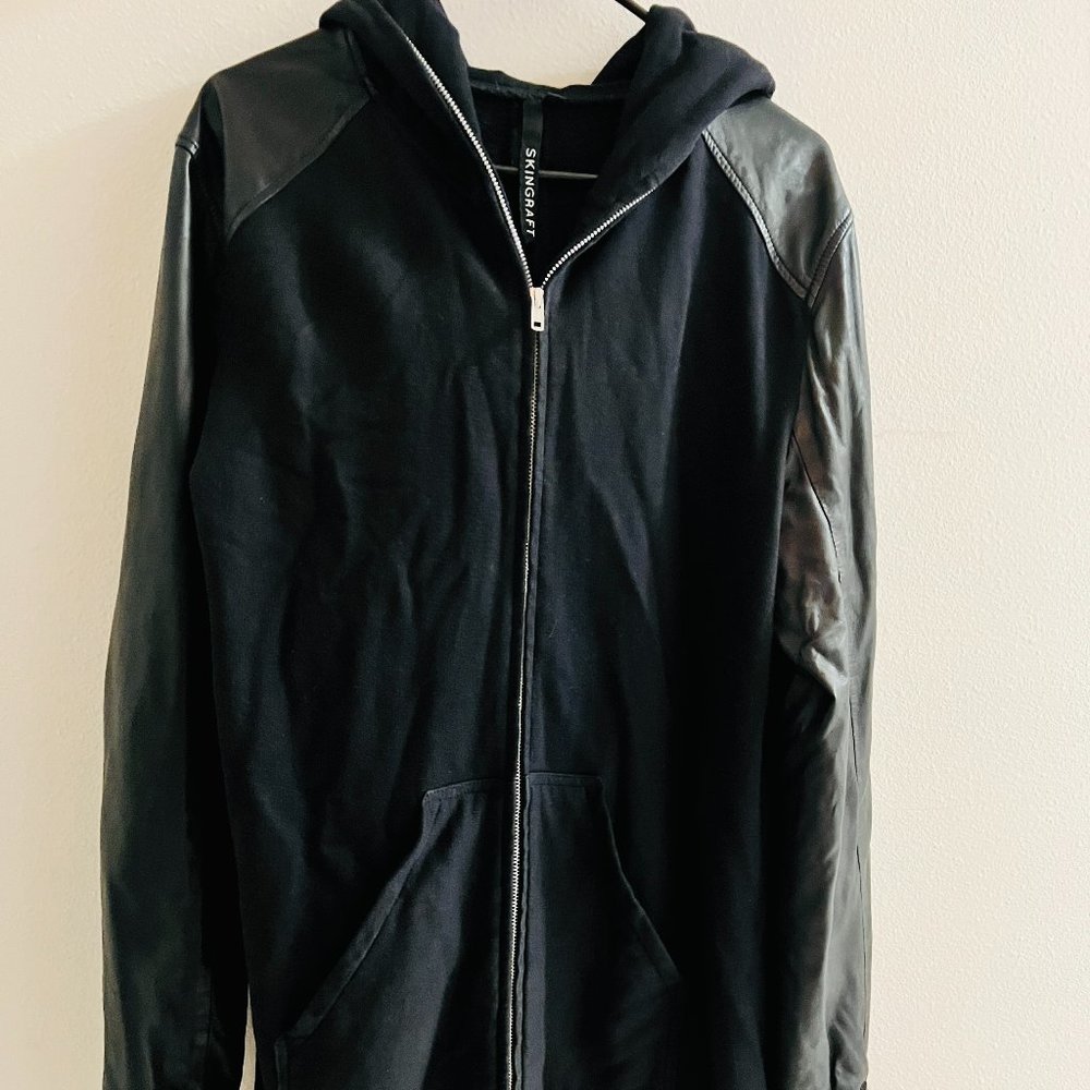 Skingraft Long Hoodie with Genuine Leather